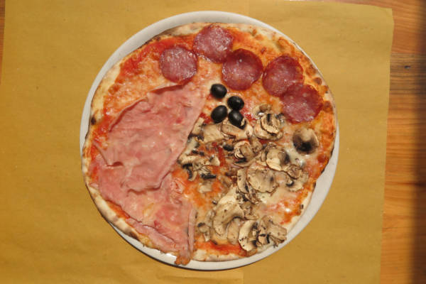 tomato, mozzarella, olives, ham, mushrooms, salami