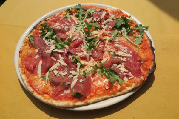 tomato, mozzarella, dried beef, rocket salad, parmesan cheese